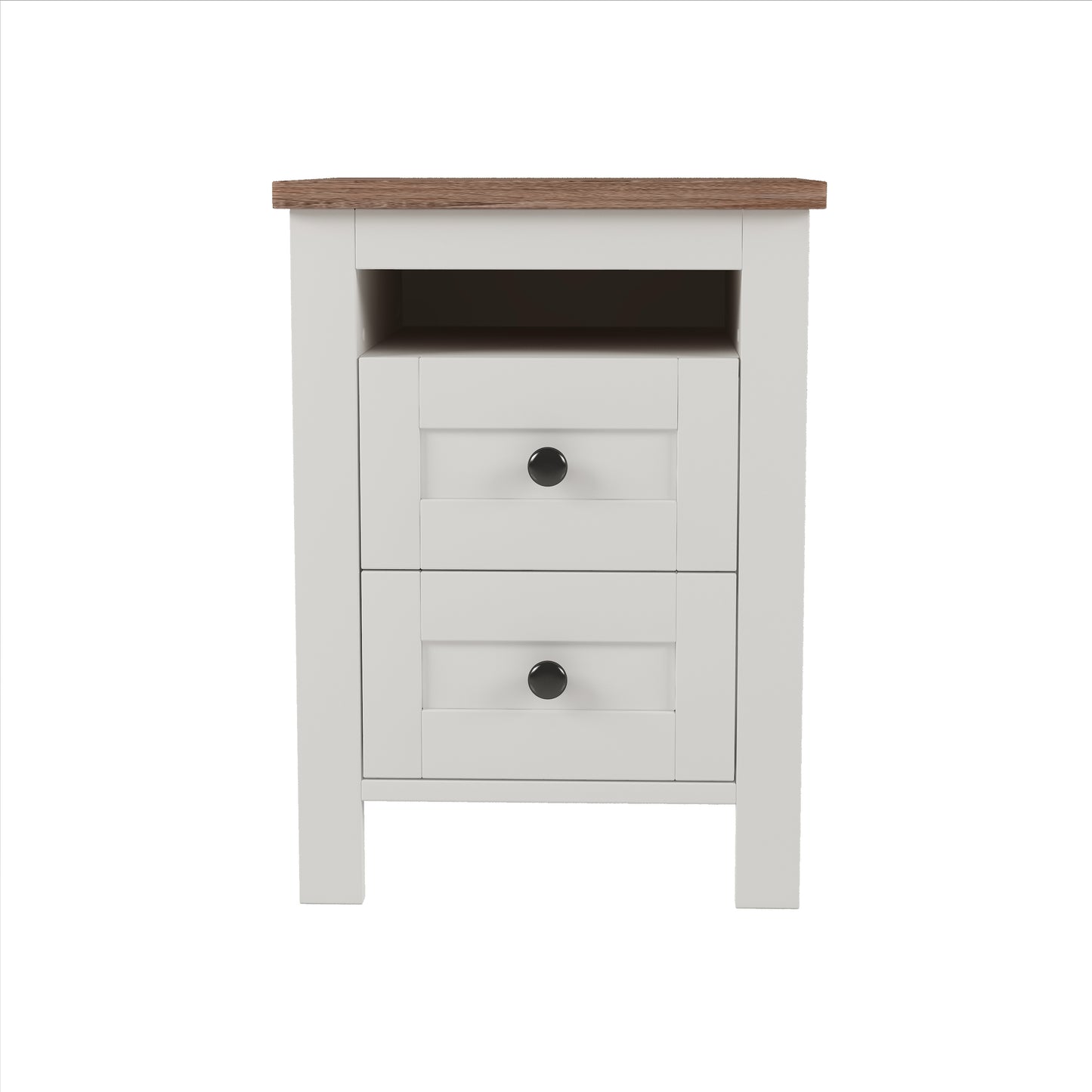 2-Drawer Farmhouse Wooden Nightstand with Well-proportioned Design and Sleek Lines, Wood Side Table with Storage Cabinet for Bedroom, White+Brown