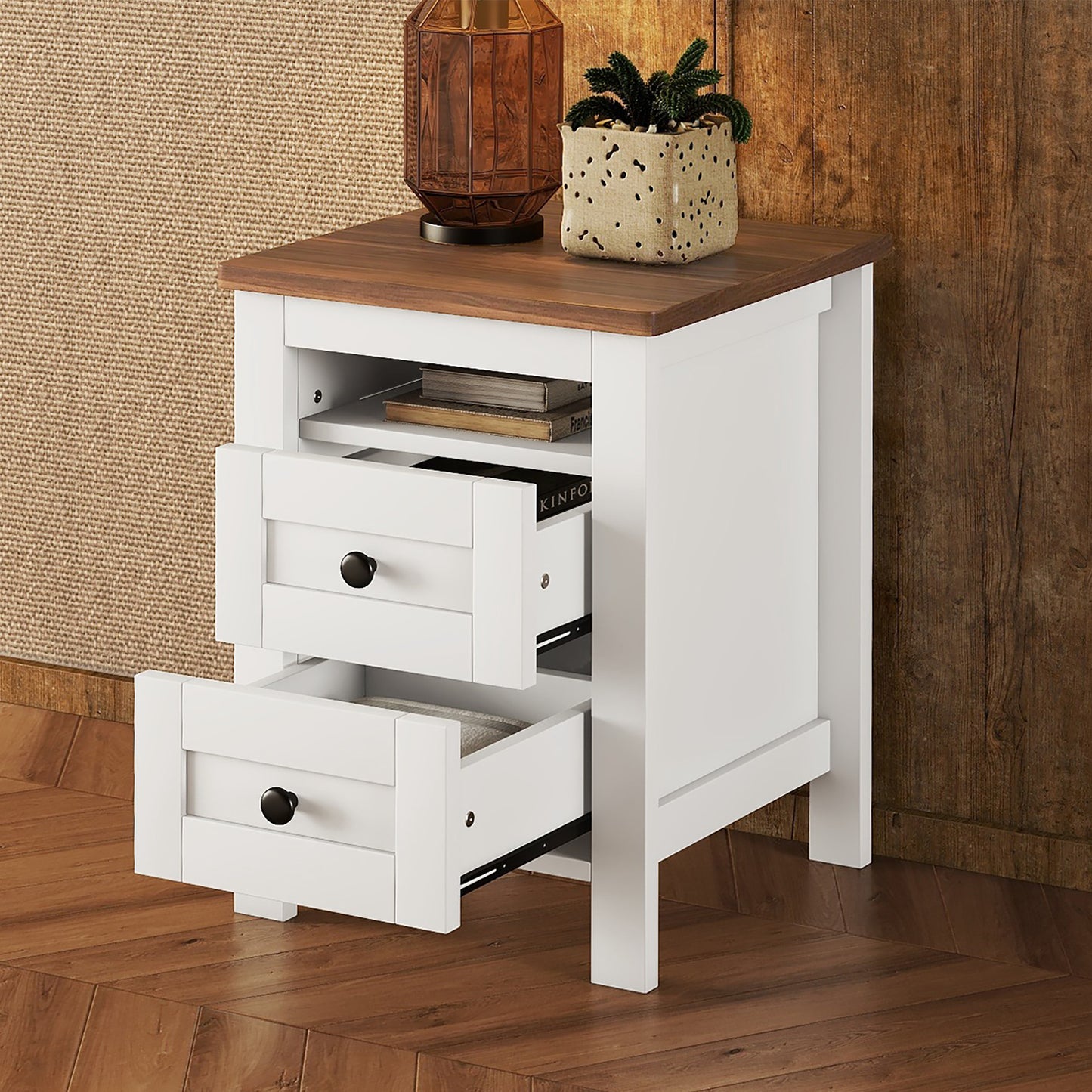 2-Drawer Farmhouse Wooden Nightstand with Well-proportioned Design and Sleek Lines, Wood Side Table with Storage Cabinet for Bedroom, White+Brown