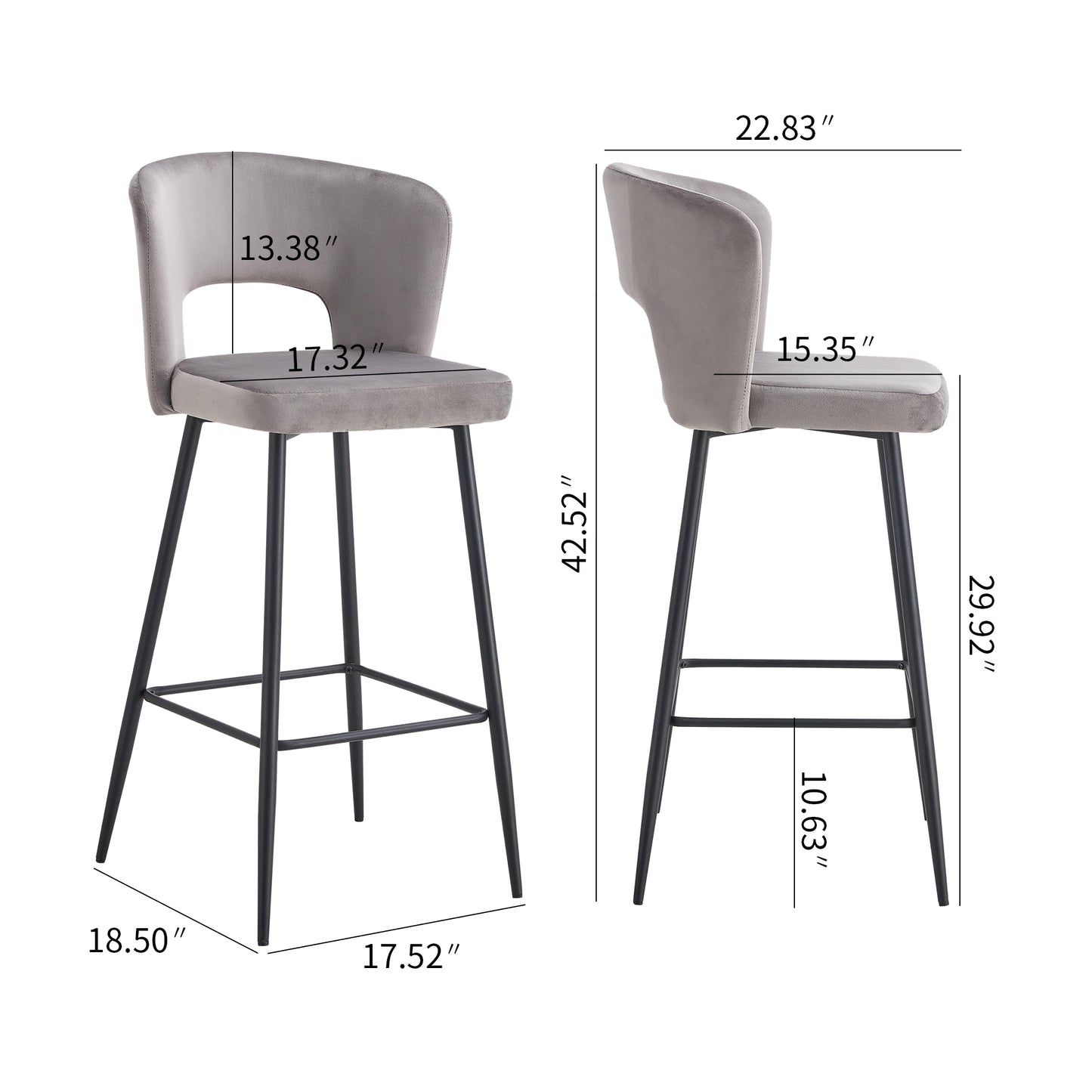 （缺货）SET OF 2 Cloth armless Gray Fashion fabric stool, Counter Height Modern Velvet backrest Fabric bar chairs,Bar Stool Chair for Kitchen/balcony with black Metal Legs