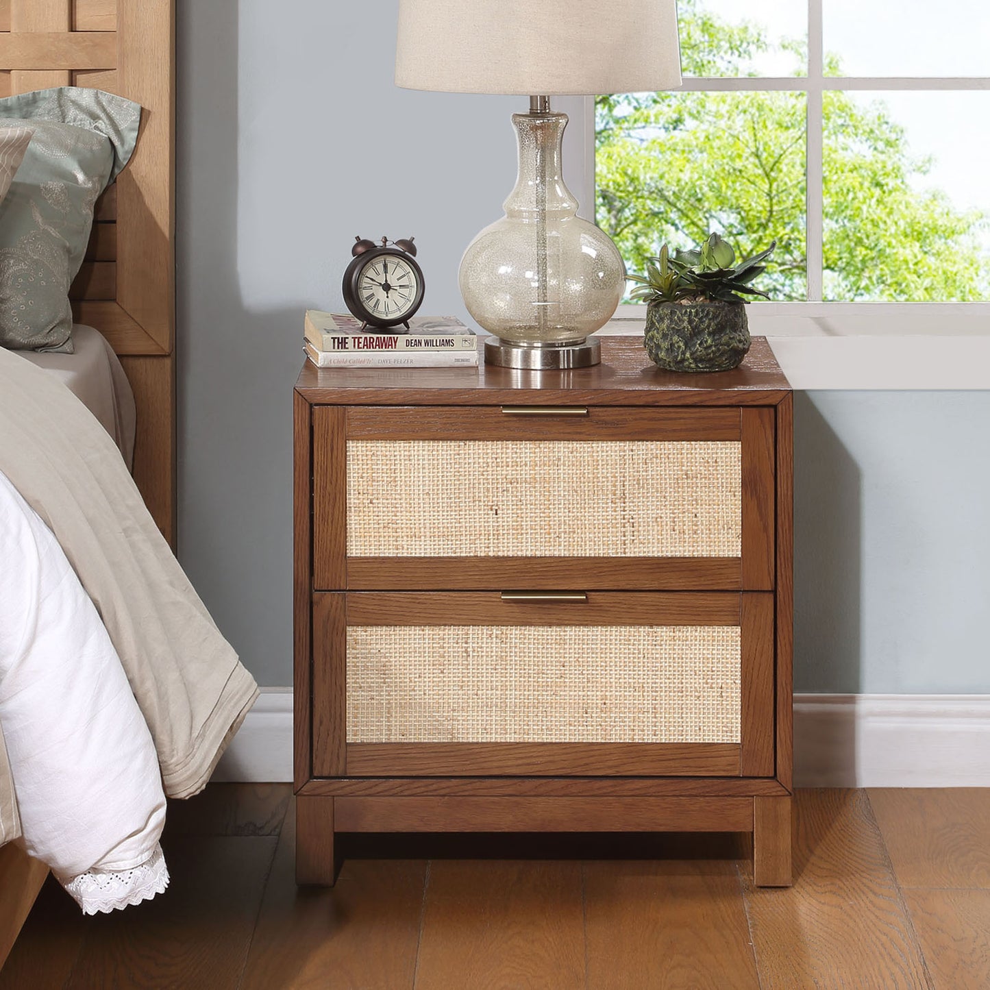 （缺货）Rattan Nightstand, Wood End Table, Side Table with 2 Hand Made Rattan Decorated Drawers,Boho Bedside Table,Wood Accent Table with Storage for Livingroom, Bedroom,Dark Oak