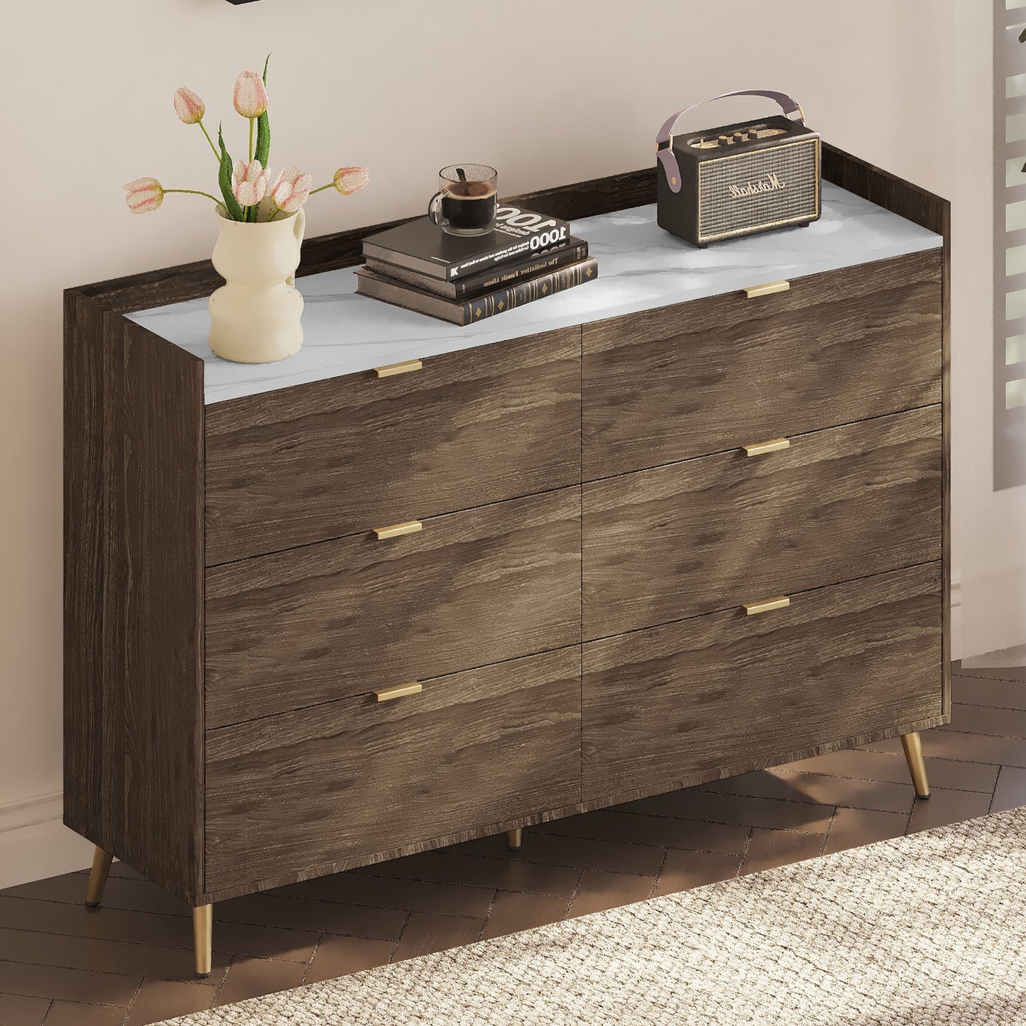 55" Long 6 Drawer Dresser with Marbling Worktop, Mordern Storage Cabinet with Metal Leg and Handle for Bedroom,Walnut