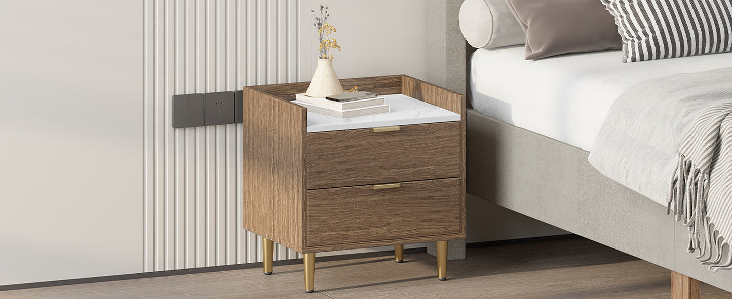 Wooden Nightstand with 2 Drawers and Marbling Worktop, Mordern Wood Bedside Table with Metal Legs&Handles, Walnut