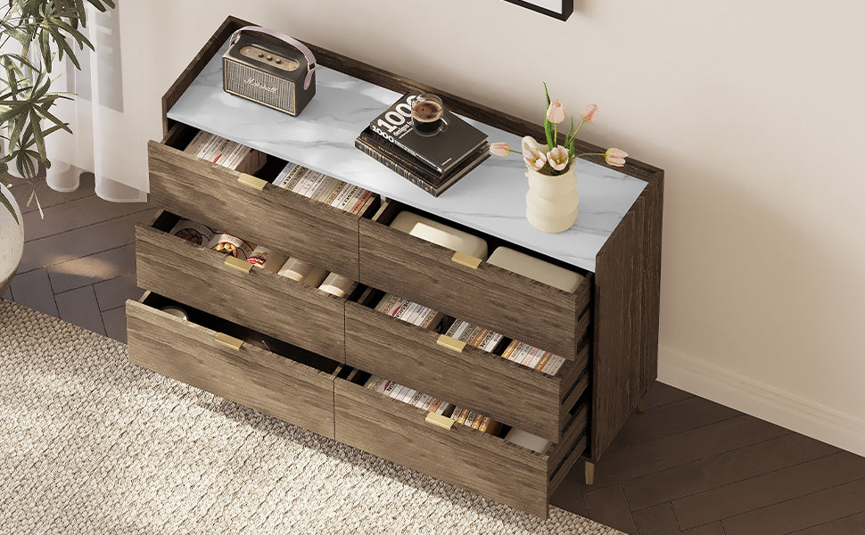 55" Long 6 Drawer Dresser with Marbling Worktop, Mordern Storage Cabinet with Metal Leg and Handle for Bedroom,Walnut