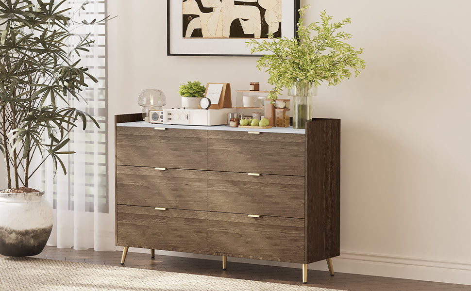 55" Long 6 Drawer Dresser with Marbling Worktop, Mordern Storage Cabinet with Metal Leg and Handle for Bedroom,Walnut