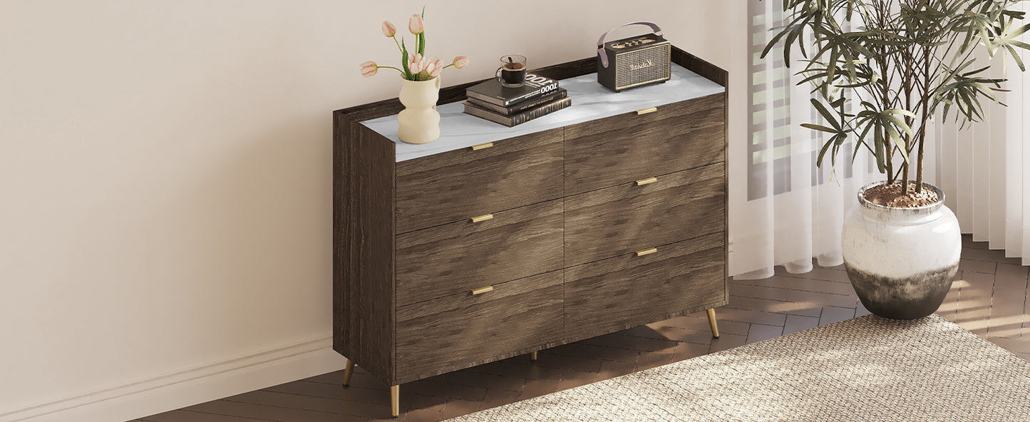 55" Long 6 Drawer Dresser with Marbling Worktop, Mordern Storage Cabinet with Metal Leg and Handle for Bedroom,Walnut