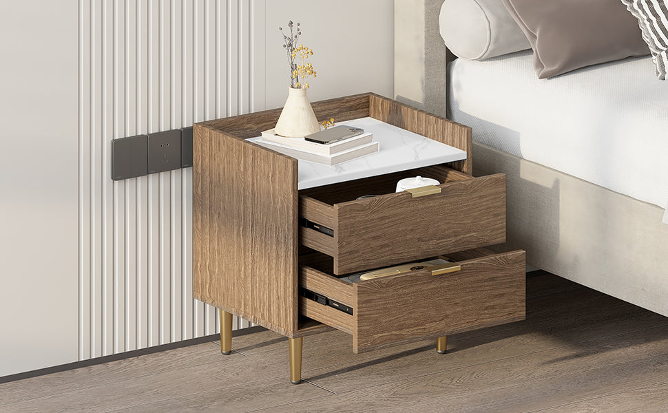 Wooden Nightstand with 2 Drawers and Marbling Worktop, Mordern Wood Bedside Table with Metal Legs&Handles, Walnut