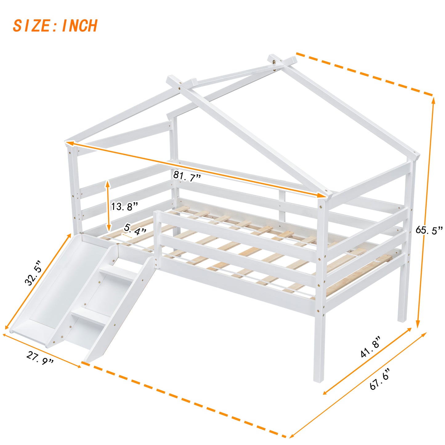 Twin Low Loft House Bed with Slide, Ladder, Safety Guardrails, House Roof Frame,White