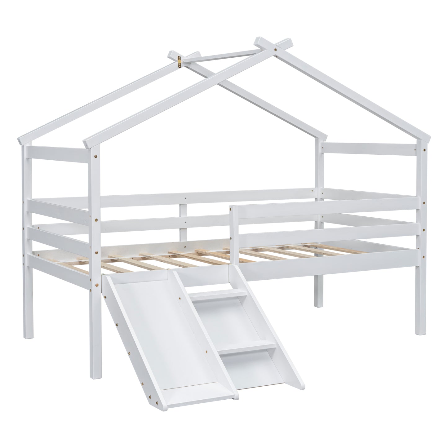 Twin Low Loft House Bed with Slide, Ladder, Safety Guardrails, House Roof Frame,White