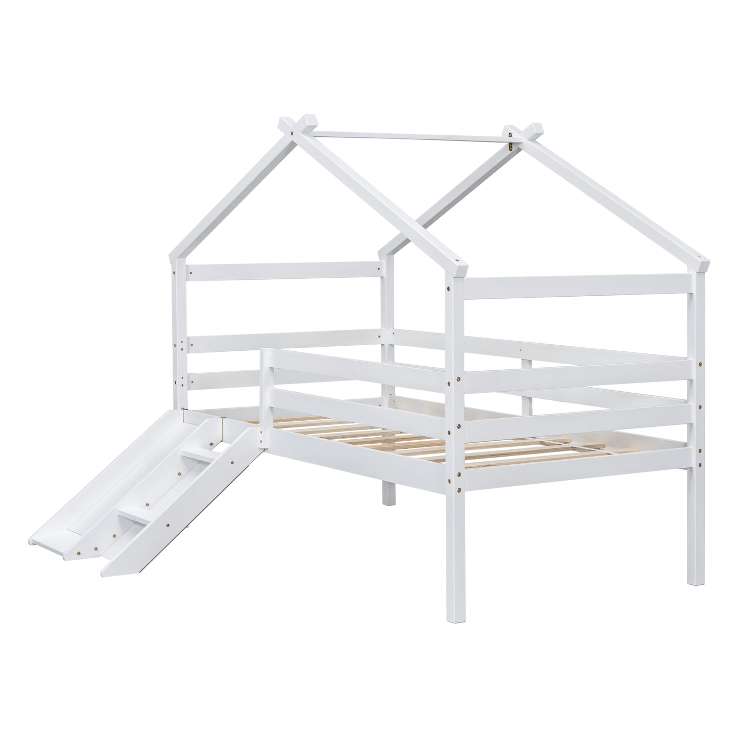 Twin Low Loft House Bed with Slide, Ladder, Safety Guardrails, House Roof Frame,White