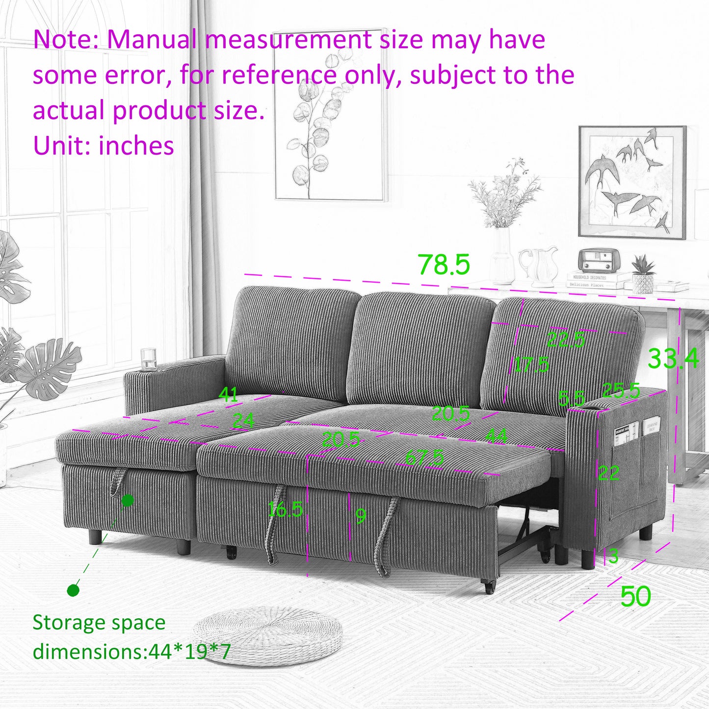 FX78.7" Comfortable Corduroy L-Shaped Combo Sofa Bed, Living Room Furniture Set for Tight Spaces, Reversible Sleeper Combo Sofa with Pullout Bed, Reversible Sofa Bed for Living Room