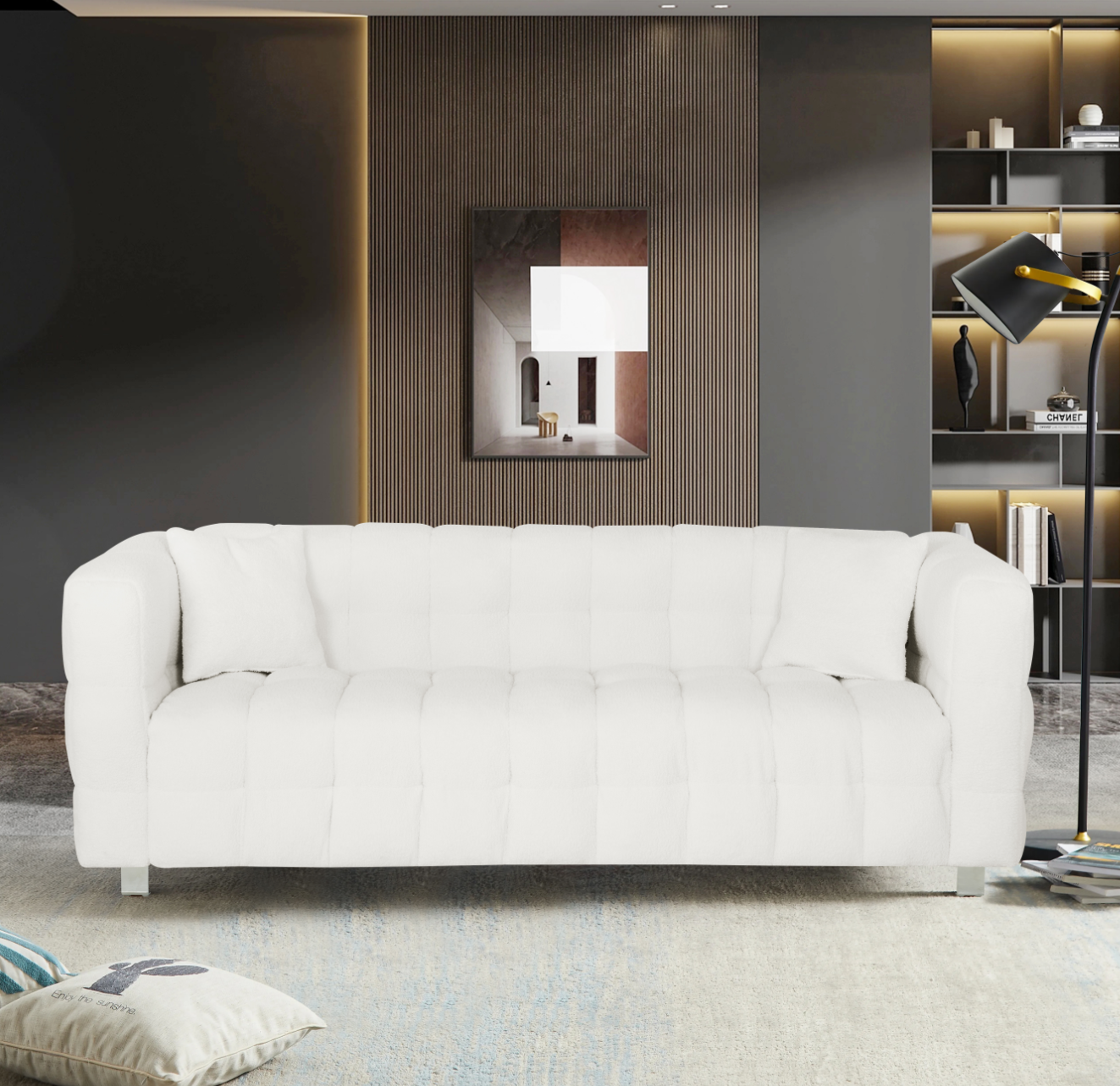 Beige White and teddy plush sofa 80 inch discharge in living room bedroom with two throw pillows hardware foot support