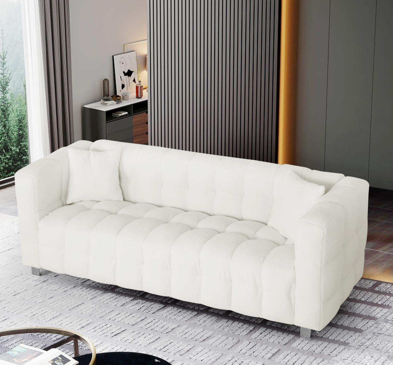 Beige White and teddy plush sofa 80 inch discharge in living room bedroom with two throw pillows hardware foot support