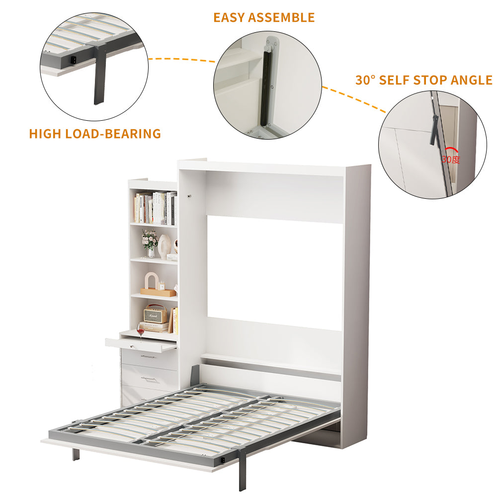 Morden Deisgn Full Size Vertical Murphy Bed with Shelf and Drawers for Bedroom or Guestroom White Wall Bed Space Saving Hidden Bed with New Style Gas Struts