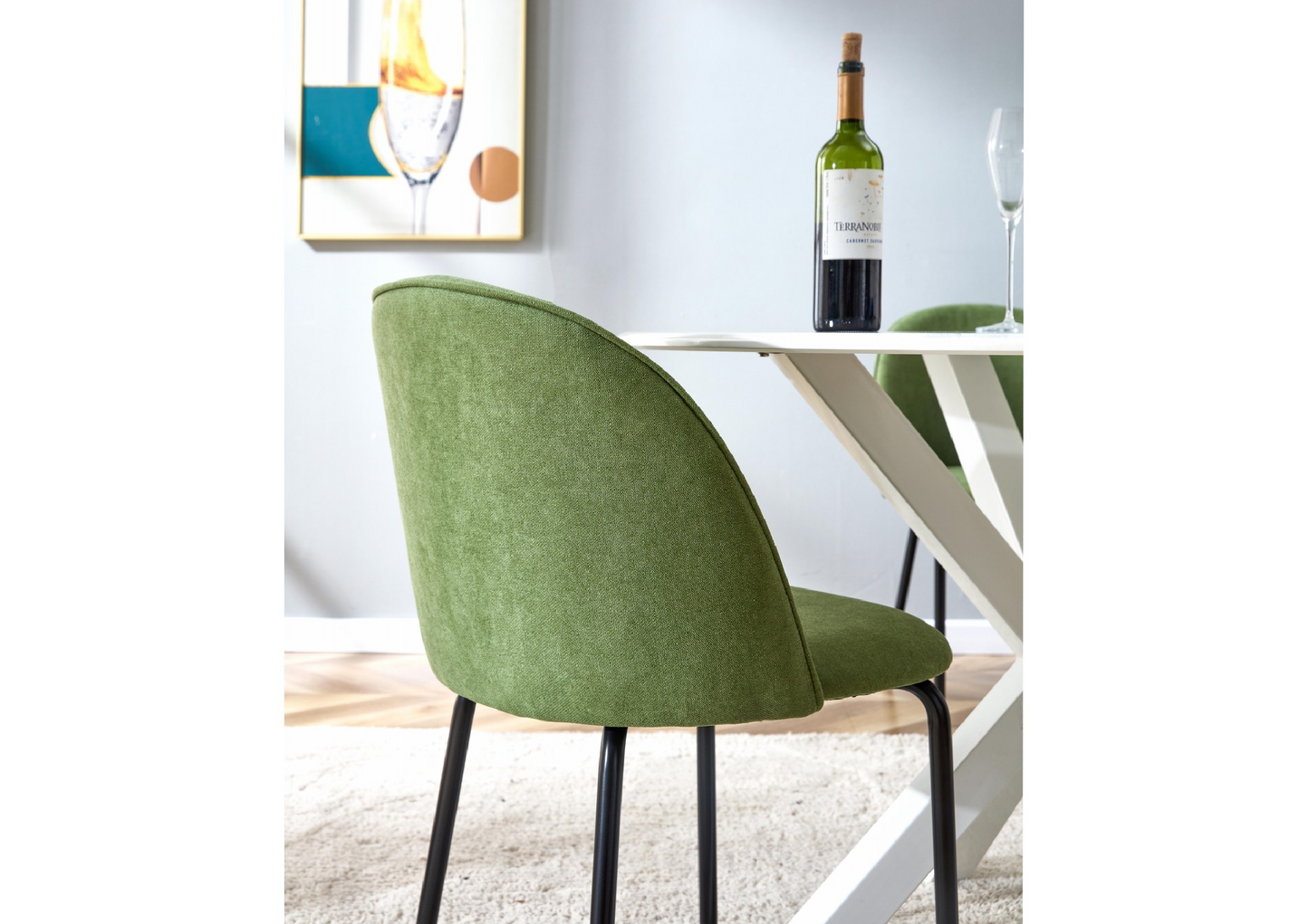 Green Modern chair(set of 2 ) with iron tube legs, soft cushions and comfortable backrest, suitable for dining room, living room, cafe,hairball back