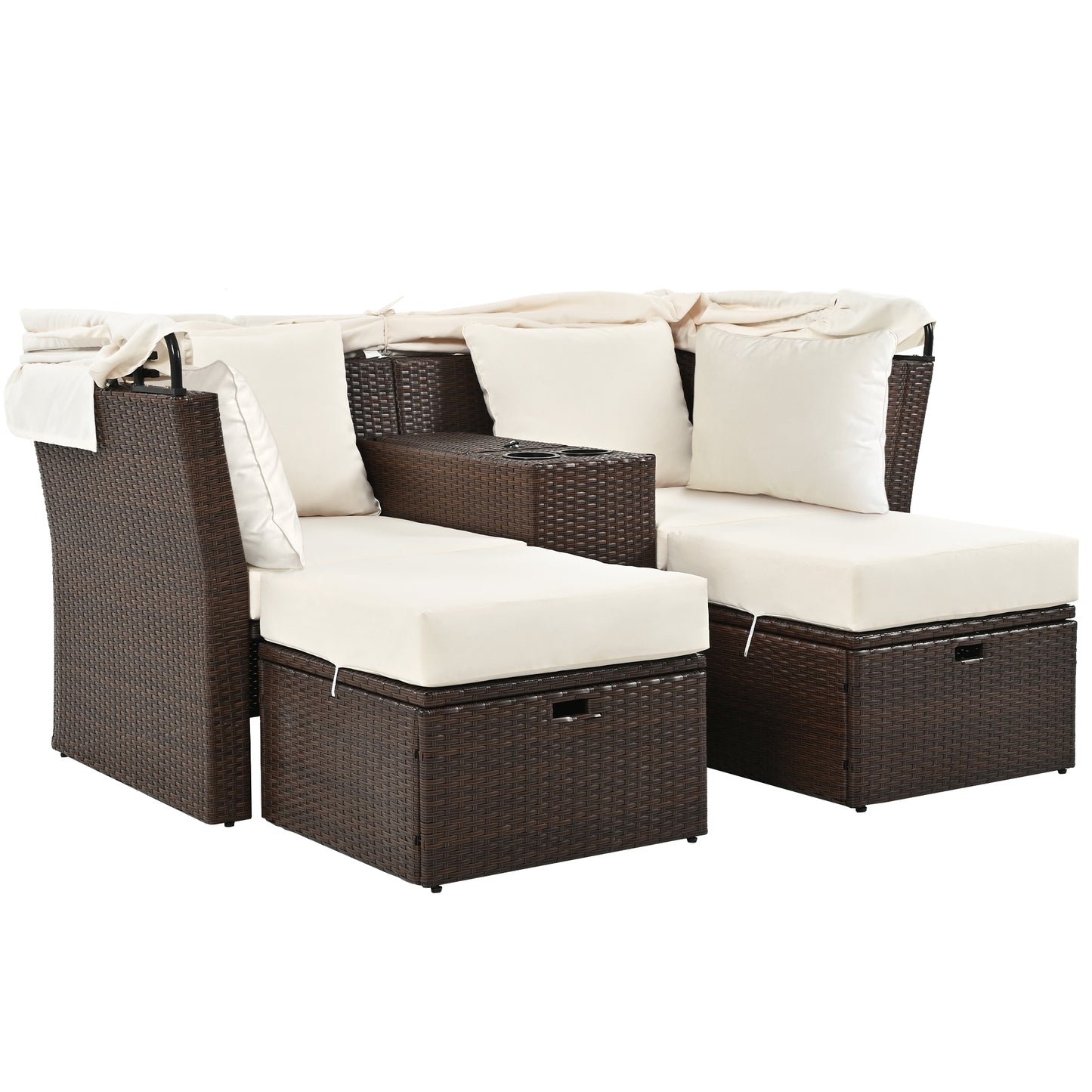 2-Seater Outdoor Patio Daybed Outdoor Double Daybed Outdoor Loveseat Sofa Set with Foldable Awning and Cushions for Garden, Balcony, Poolside, Beige