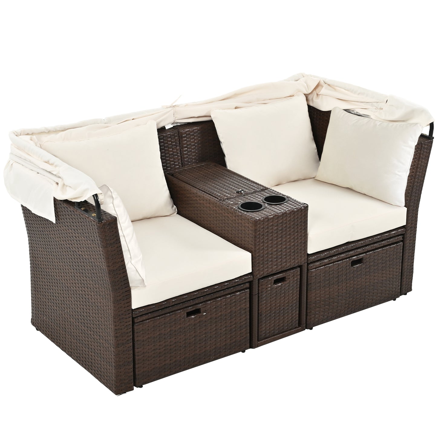 2-Seater Outdoor Patio Daybed Outdoor Double Daybed Outdoor Loveseat Sofa Set with Foldable Awning and Cushions for Garden, Balcony, Poolside, Beige