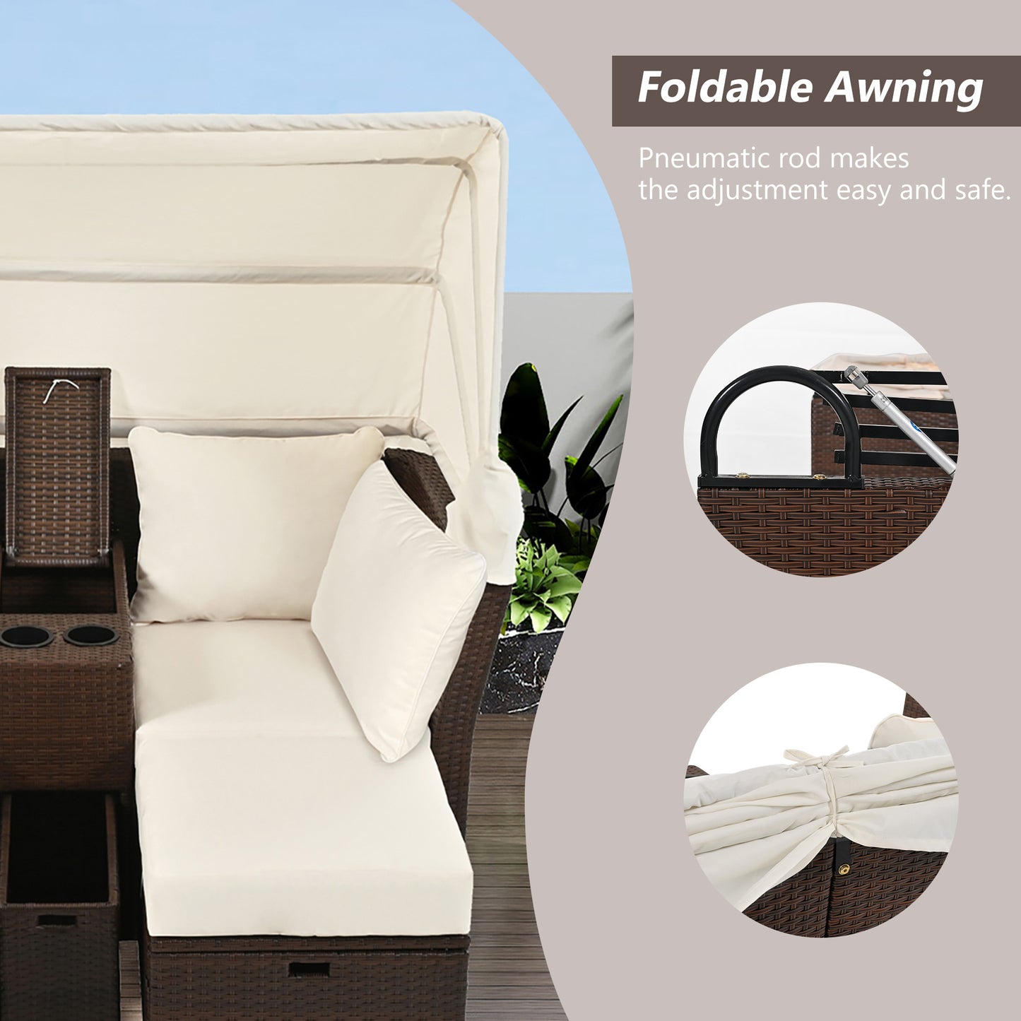 2-Seater Outdoor Patio Daybed Outdoor Double Daybed Outdoor Loveseat Sofa Set with Foldable Awning and Cushions for Garden, Balcony, Poolside, Beige