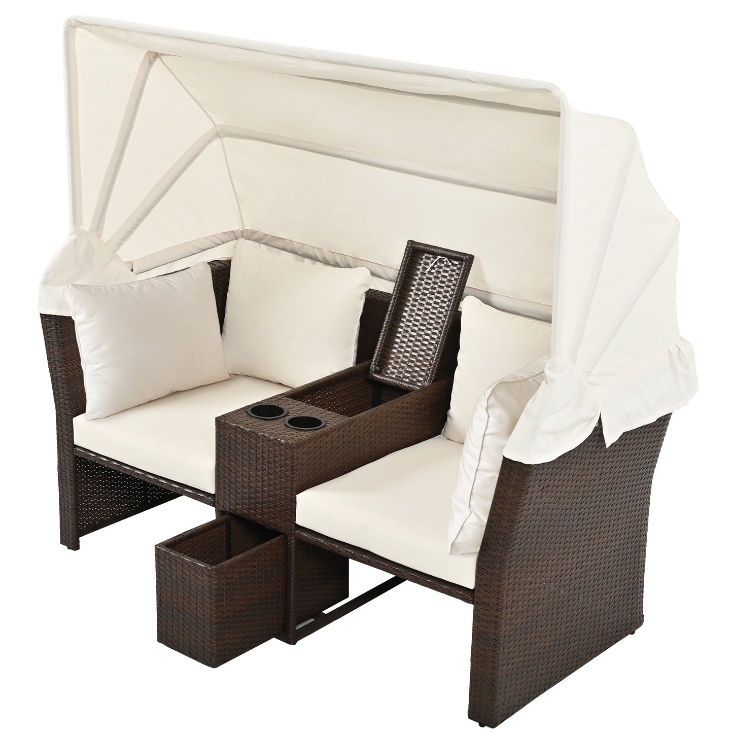 2-Seater Outdoor Patio Daybed Outdoor Double Daybed Outdoor Loveseat Sofa Set with Foldable Awning and Cushions for Garden, Balcony, Poolside, Beige