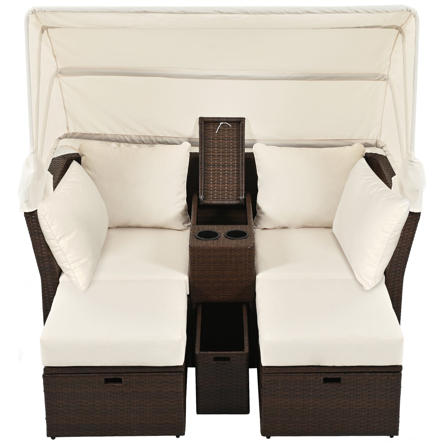 2-Seater Outdoor Patio Daybed Outdoor Double Daybed Outdoor Loveseat Sofa Set with Foldable Awning and Cushions for Garden, Balcony, Poolside, Beige