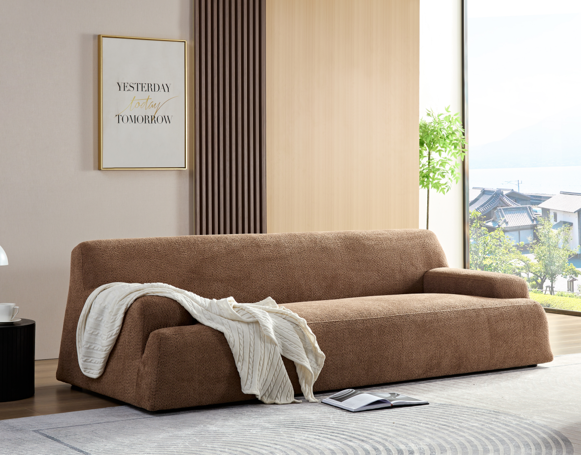 WKS9 Camel sofa, modern simplicity, durable fabric, solid wood frame, high density sponge filler