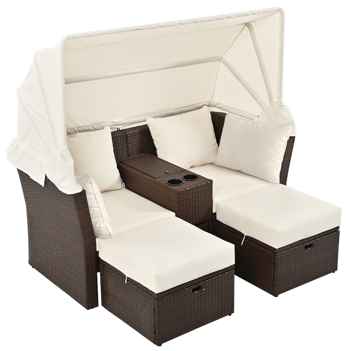 2-Seater Outdoor Patio Daybed Outdoor Double Daybed Outdoor Loveseat Sofa Set with Foldable Awning and Cushions for Garden, Balcony, Poolside, Beige