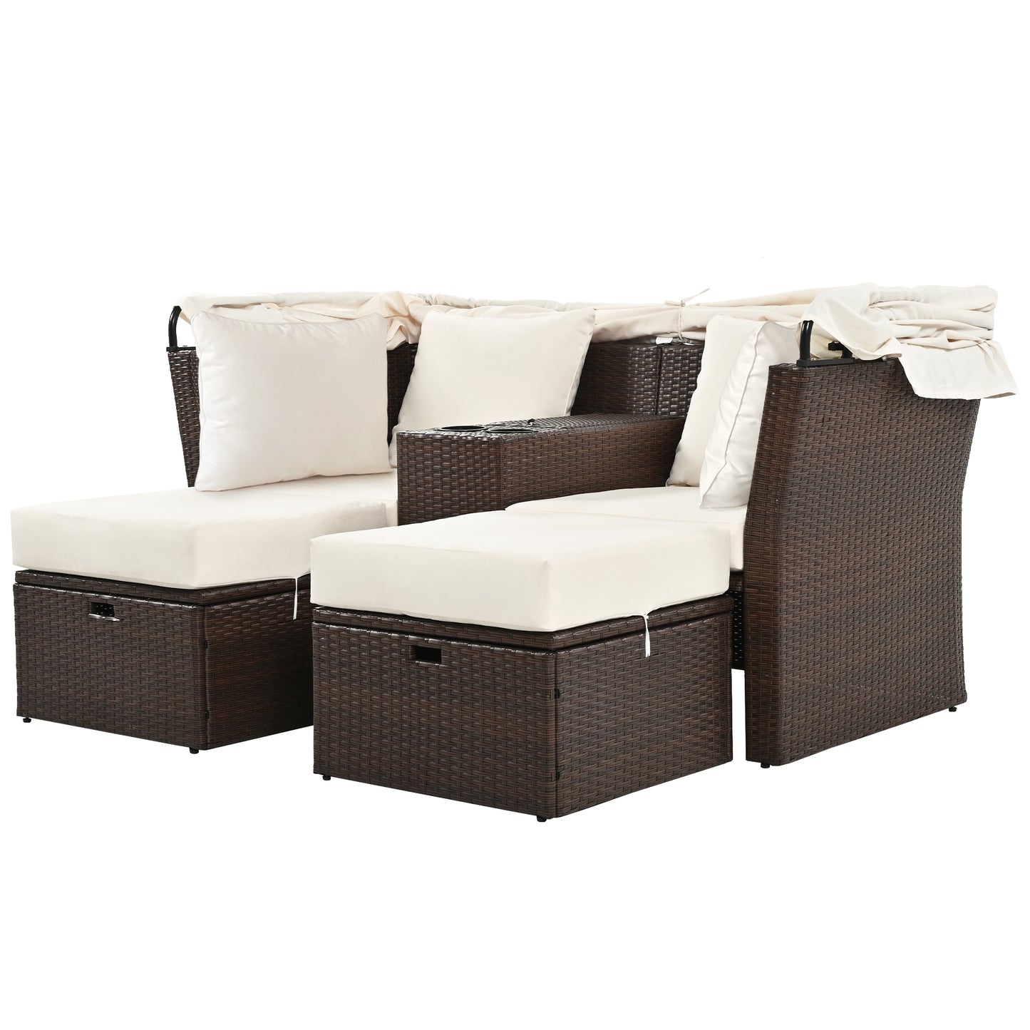 2-Seater Outdoor Patio Daybed Outdoor Double Daybed Outdoor Loveseat Sofa Set with Foldable Awning and Cushions for Garden, Balcony, Poolside, Beige