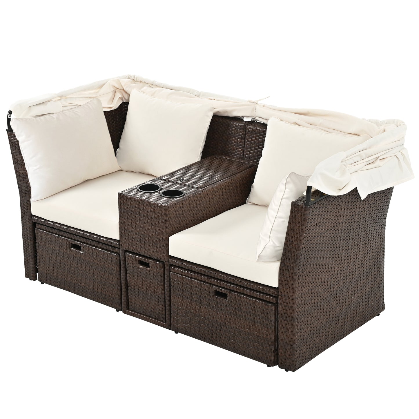 2-Seater Outdoor Patio Daybed Outdoor Double Daybed Outdoor Loveseat Sofa Set with Foldable Awning and Cushions for Garden, Balcony, Poolside, Beige