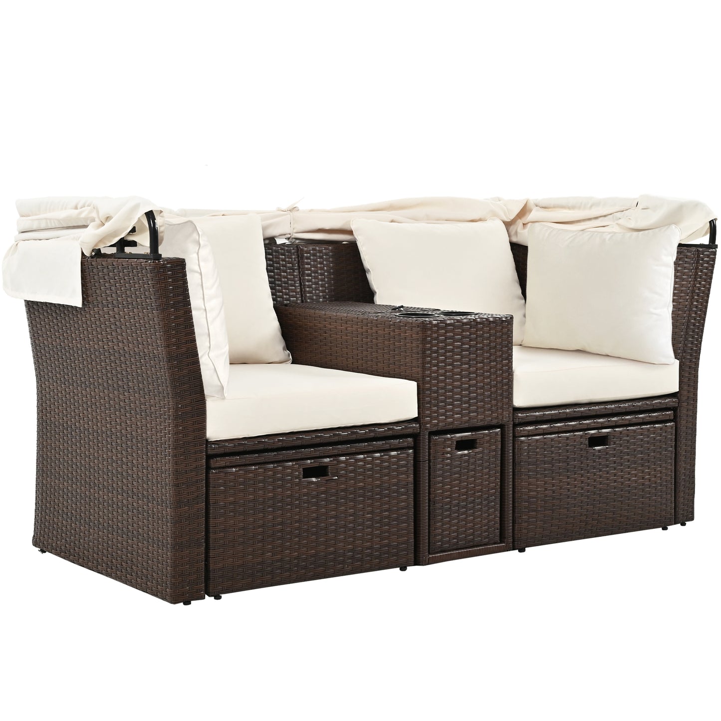 2-Seater Outdoor Patio Daybed Outdoor Double Daybed Outdoor Loveseat Sofa Set with Foldable Awning and Cushions for Garden, Balcony, Poolside, Beige