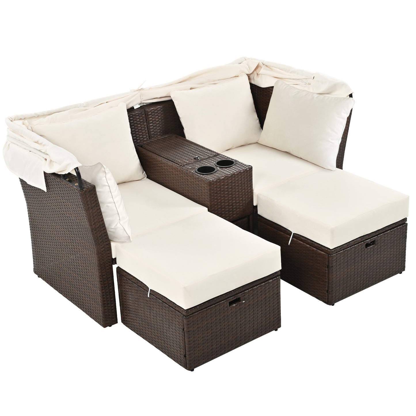 2-Seater Outdoor Patio Daybed Outdoor Double Daybed Outdoor Loveseat Sofa Set with Foldable Awning and Cushions for Garden, Balcony, Poolside, Beige