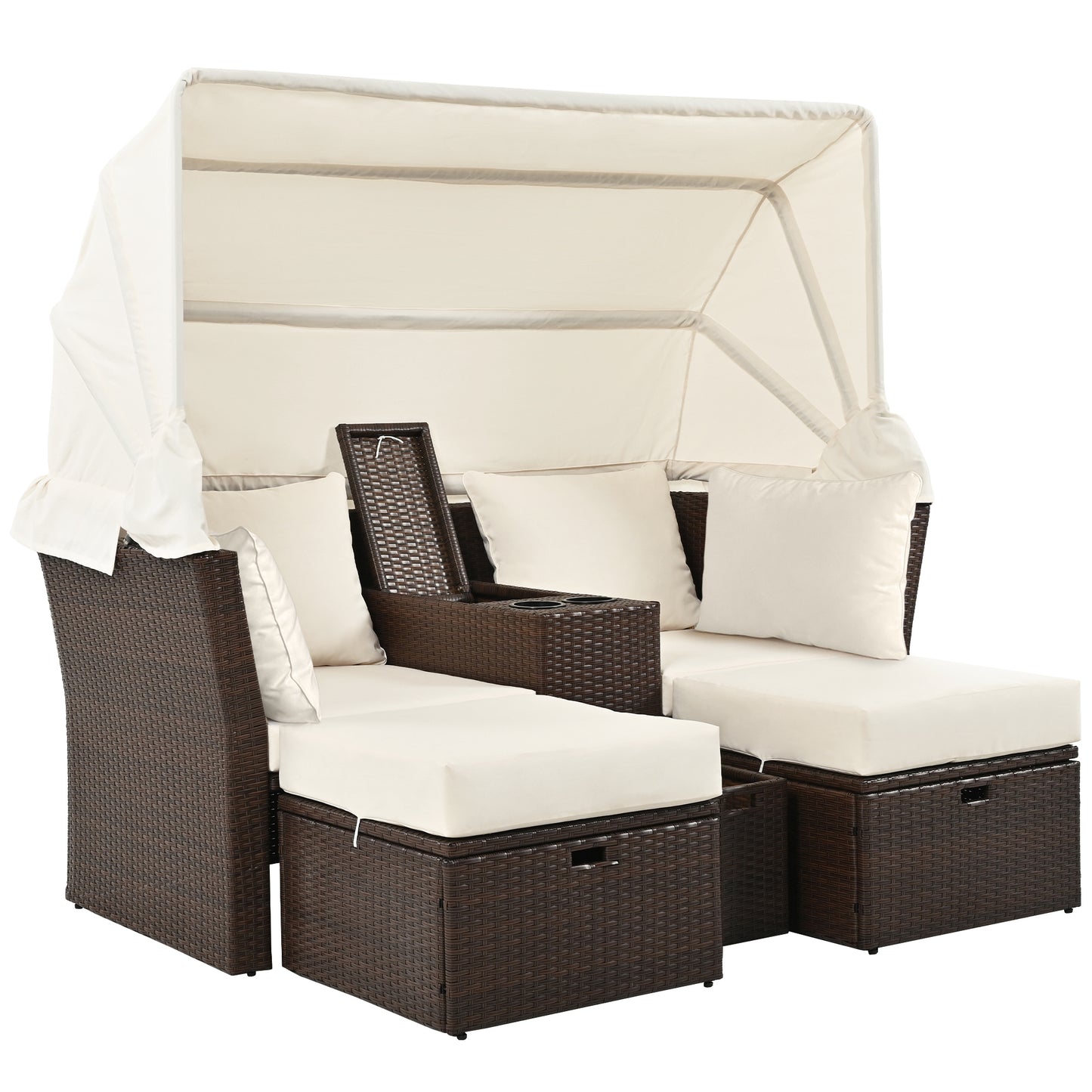 2-Seater Outdoor Patio Daybed Outdoor Double Daybed Outdoor Loveseat Sofa Set with Foldable Awning and Cushions for Garden, Balcony, Poolside, Beige