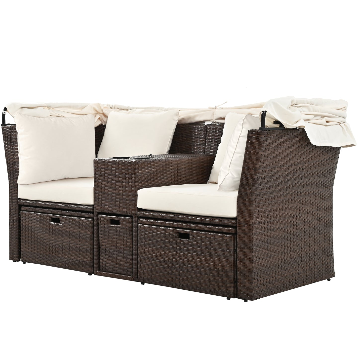 2-Seater Outdoor Patio Daybed Outdoor Double Daybed Outdoor Loveseat Sofa Set with Foldable Awning and Cushions for Garden, Balcony, Poolside, Beige