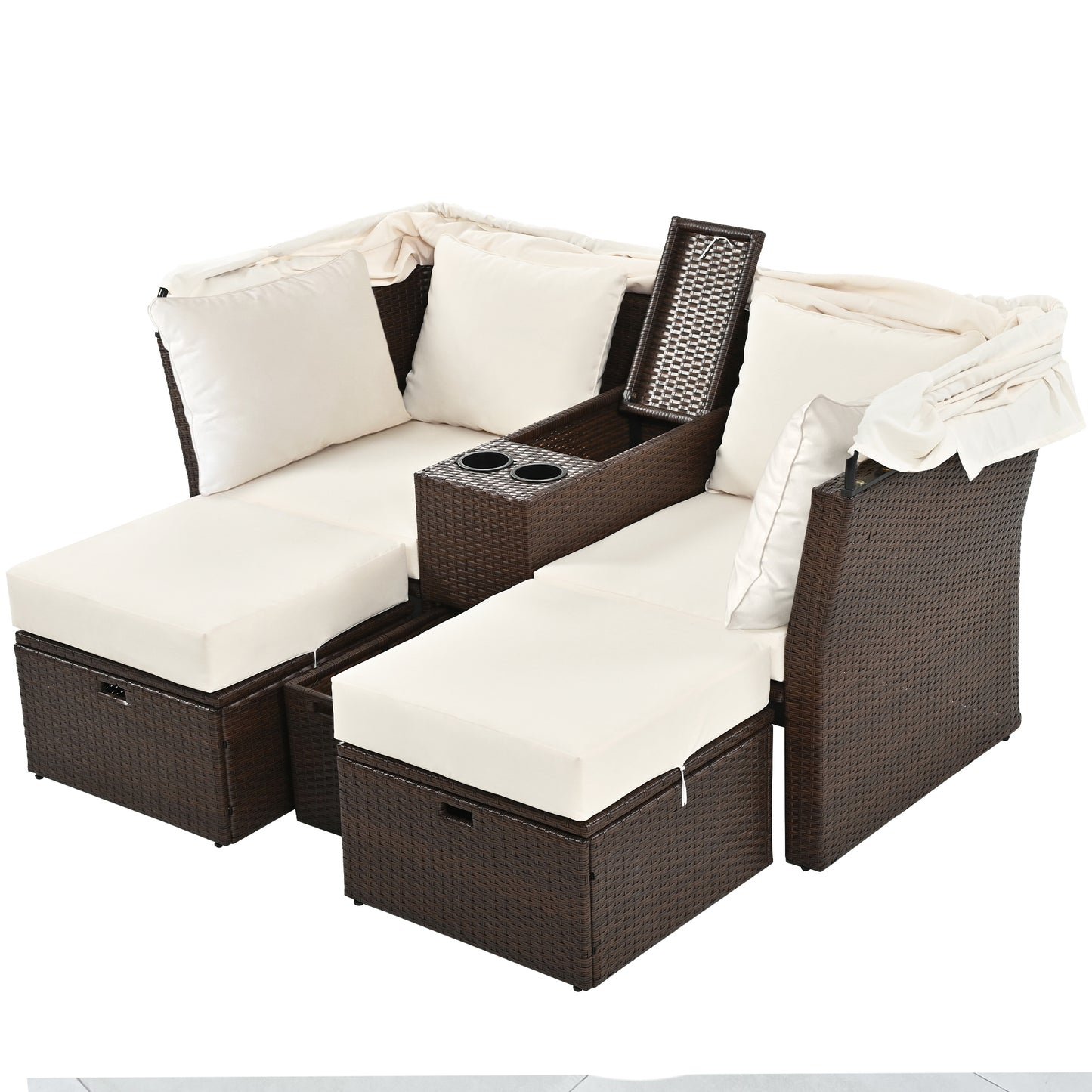 2-Seater Outdoor Patio Daybed Outdoor Double Daybed Outdoor Loveseat Sofa Set with Foldable Awning and Cushions for Garden, Balcony, Poolside, Beige