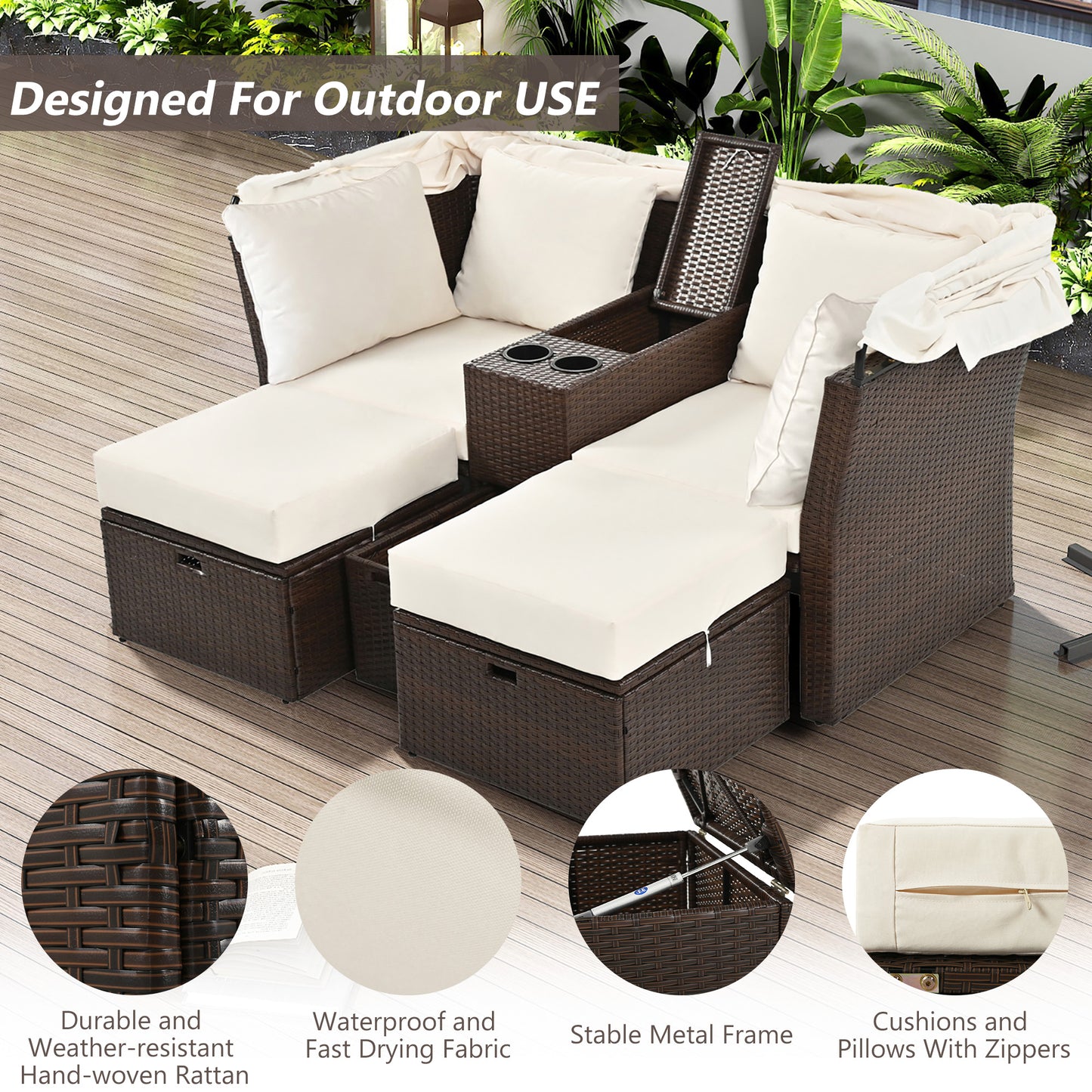 2-Seater Outdoor Patio Daybed Outdoor Double Daybed Outdoor Loveseat Sofa Set with Foldable Awning and Cushions for Garden, Balcony, Poolside, Beige