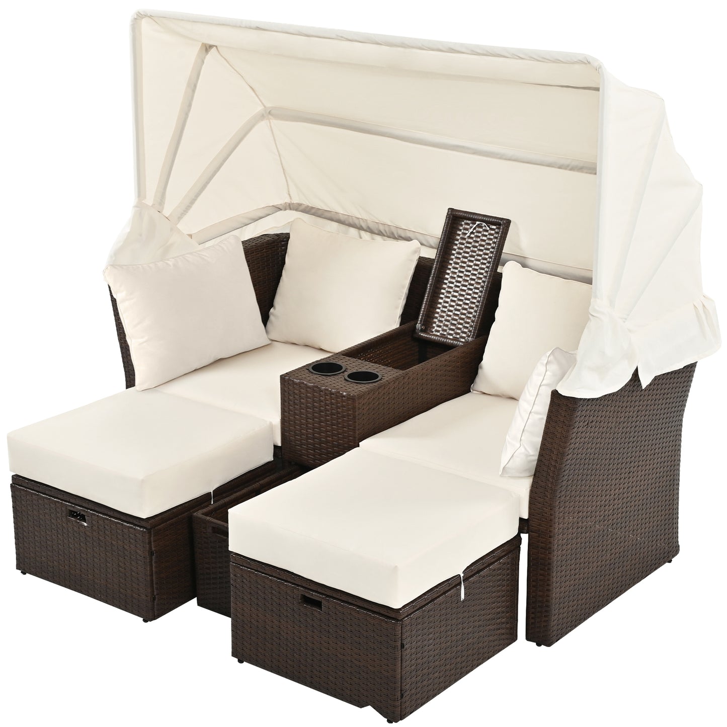 2-Seater Outdoor Patio Daybed Outdoor Double Daybed Outdoor Loveseat Sofa Set with Foldable Awning and Cushions for Garden, Balcony, Poolside, Beige