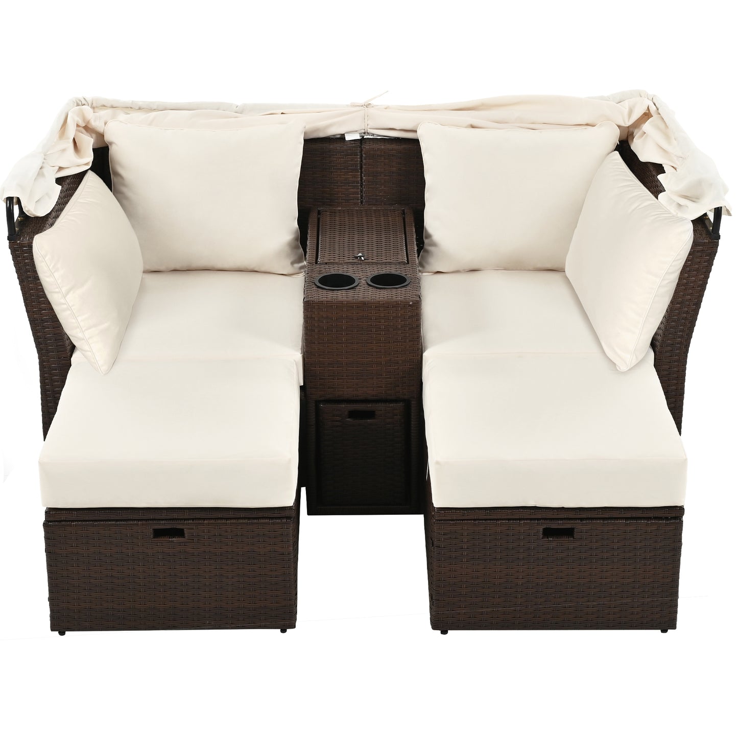 2-Seater Outdoor Patio Daybed Outdoor Double Daybed Outdoor Loveseat Sofa Set with Foldable Awning and Cushions for Garden, Balcony, Poolside, Beige