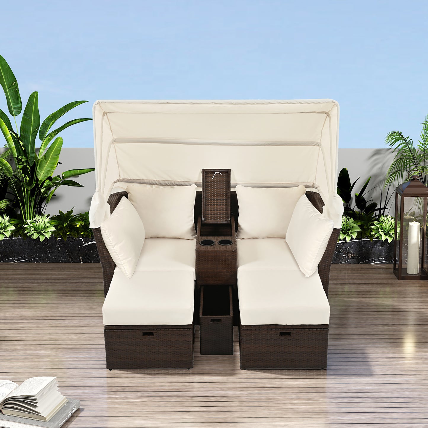 2-Seater Outdoor Patio Daybed Outdoor Double Daybed Outdoor Loveseat Sofa Set with Foldable Awning and Cushions for Garden, Balcony, Poolside, Beige