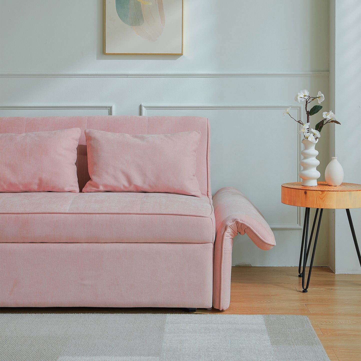 （缺货）[VIDEO provided]Chenille fabric pull-out sofa bed,sleeper loveseat couch with adjustable armrests-Pink