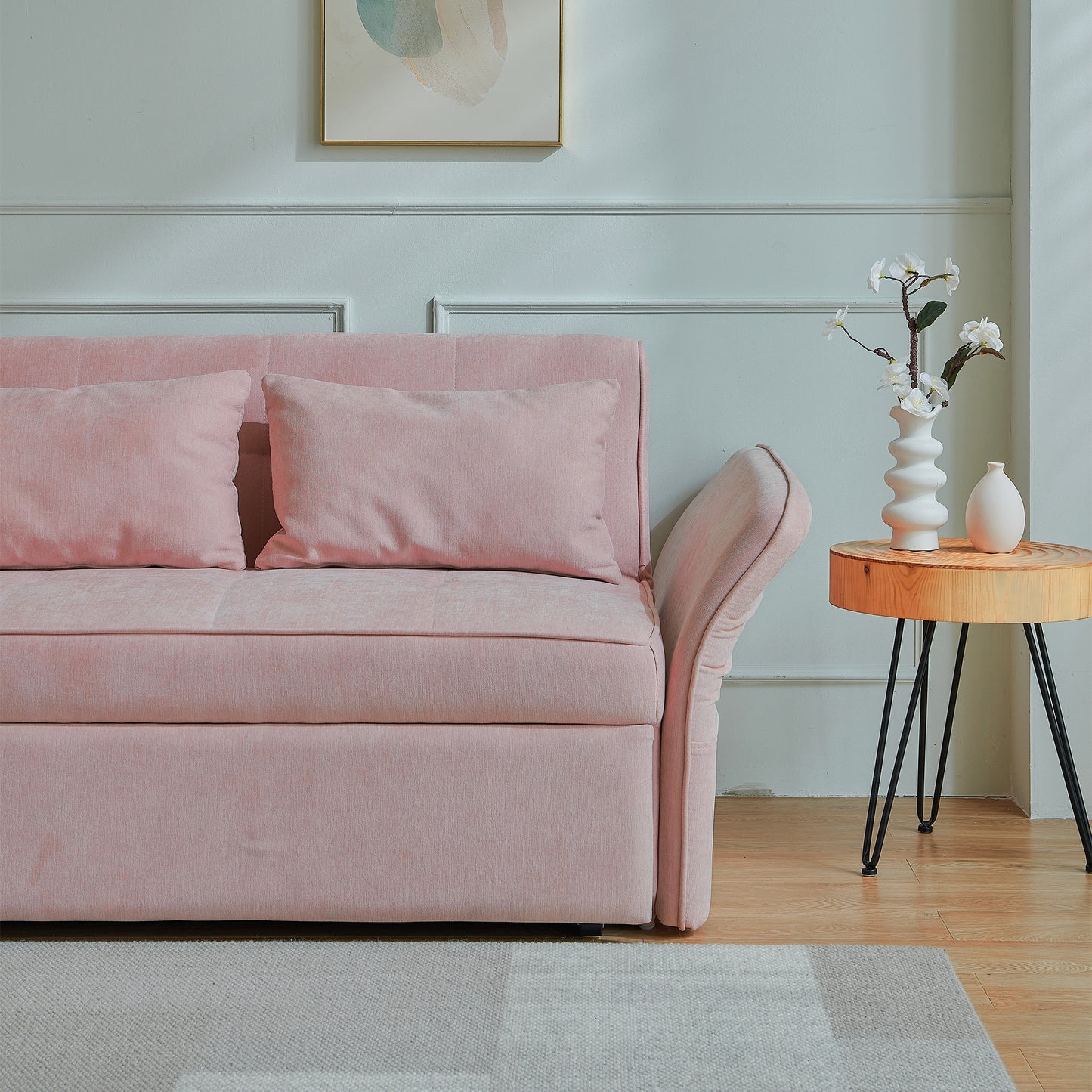 （缺货）[VIDEO provided]Chenille fabric pull-out sofa bed,sleeper loveseat couch with adjustable armrests-Pink