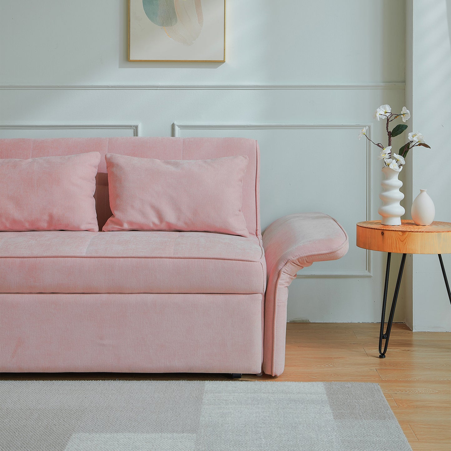 （缺货）[VIDEO provided]Chenille fabric pull-out sofa bed,sleeper loveseat couch with adjustable armrests-Pink