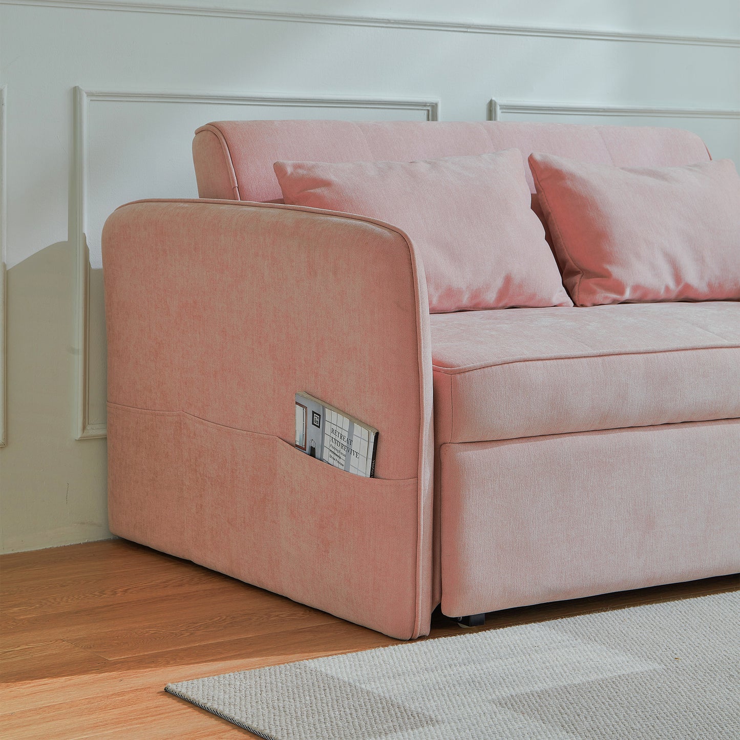 （缺货）[VIDEO provided]Chenille fabric pull-out sofa bed,sleeper loveseat couch with adjustable armrests-Pink