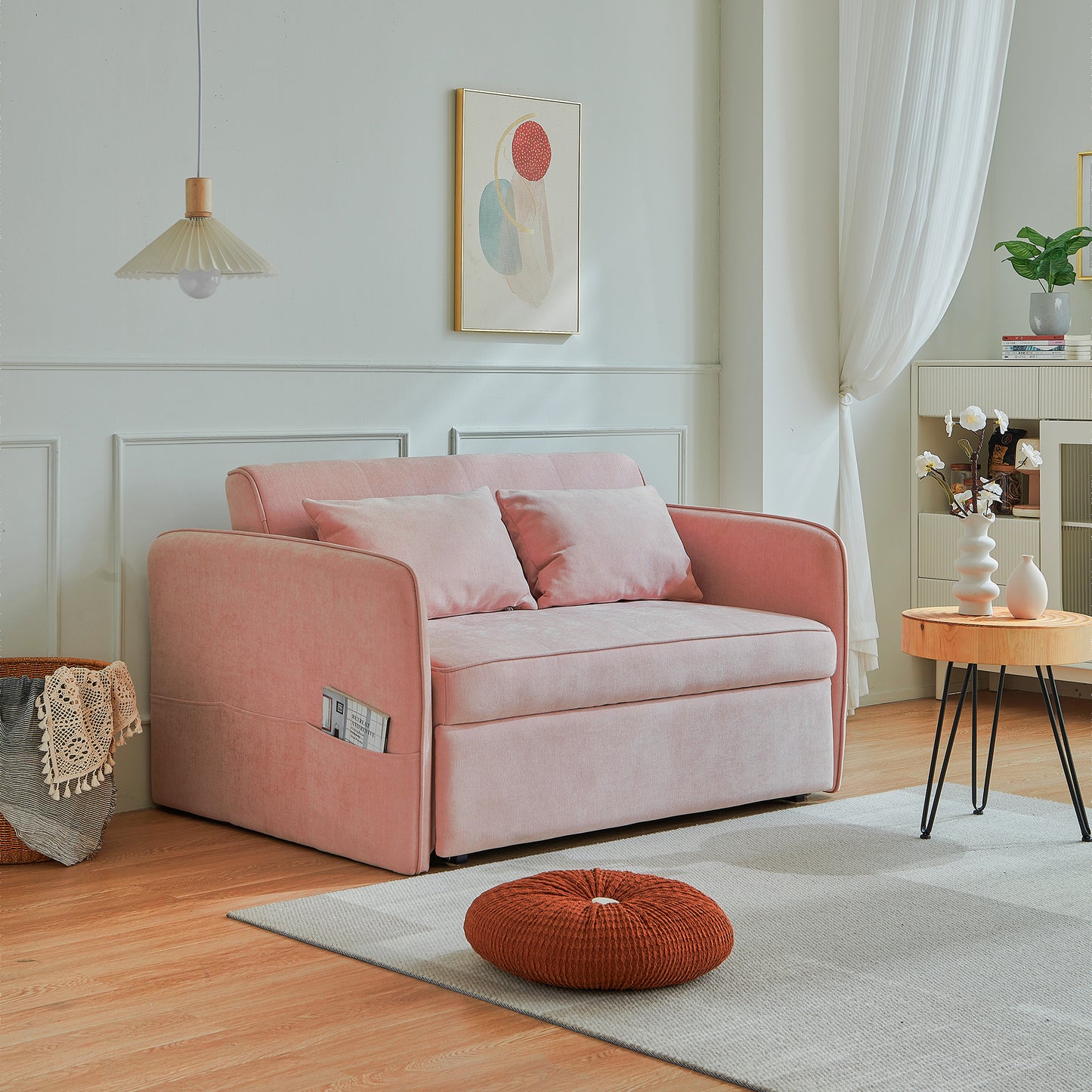 （缺货）[VIDEO provided]Chenille fabric pull-out sofa bed,sleeper loveseat couch with adjustable armrests-Pink