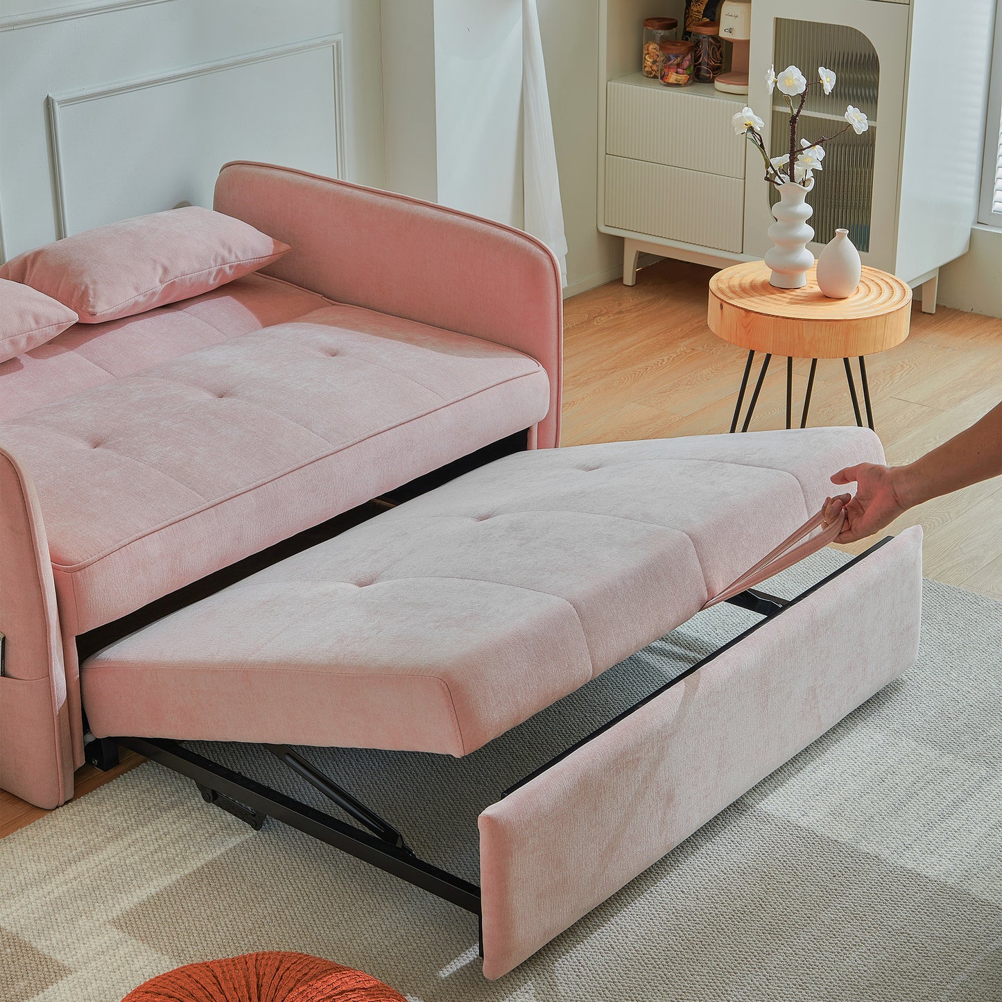 （缺货）[VIDEO provided]Chenille fabric pull-out sofa bed,sleeper loveseat couch with adjustable armrests-Pink