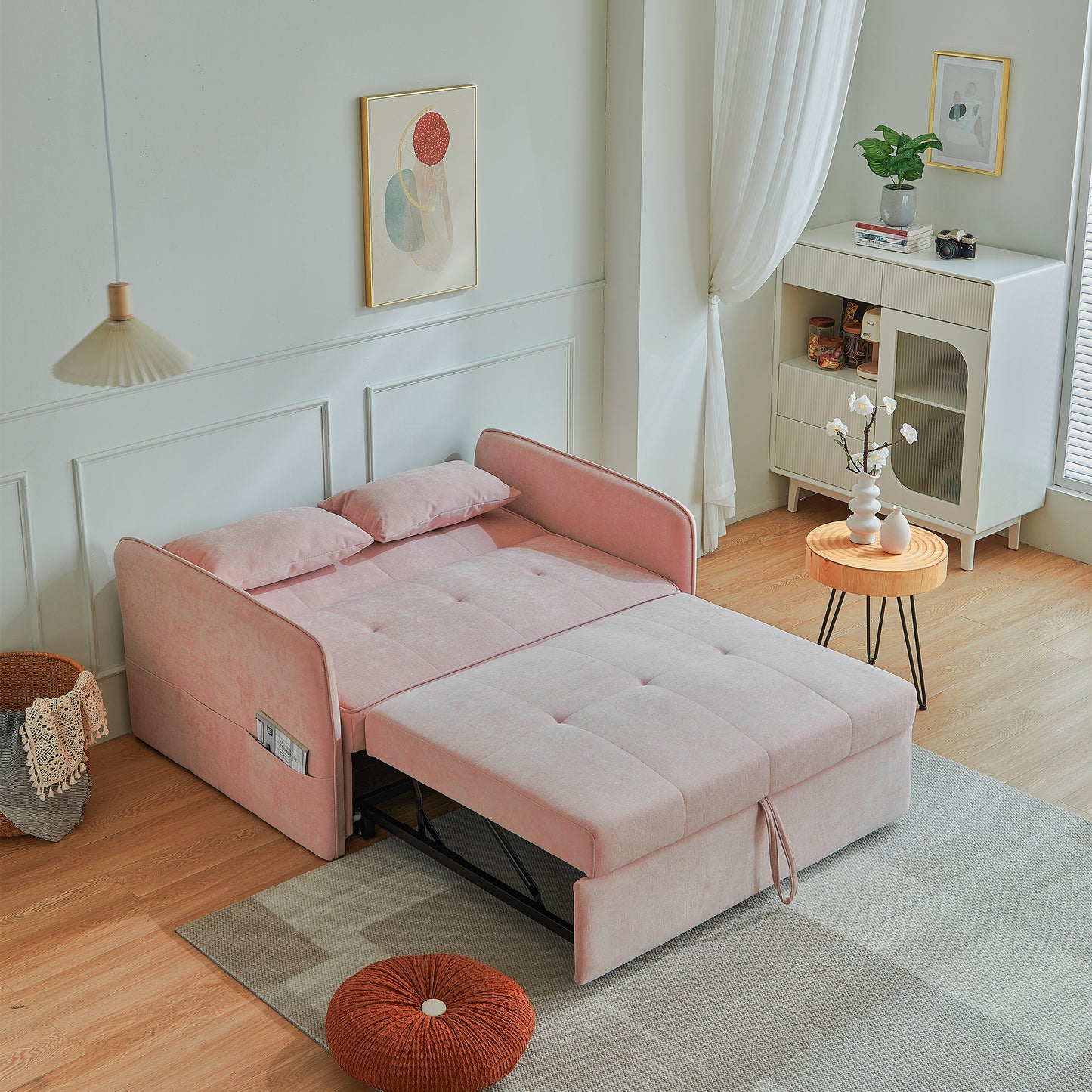 （缺货）[VIDEO provided]Chenille fabric pull-out sofa bed,sleeper loveseat couch with adjustable armrests-Pink