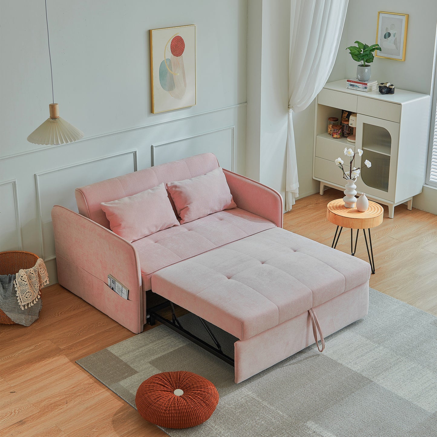 （缺货）[VIDEO provided]Chenille fabric pull-out sofa bed,sleeper loveseat couch with adjustable armrests-Pink