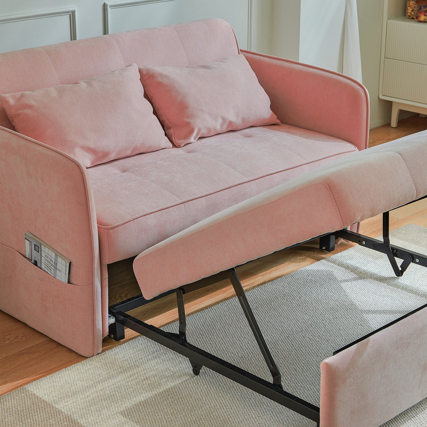 （缺货）[VIDEO provided]Chenille fabric pull-out sofa bed,sleeper loveseat couch with adjustable armrests-Pink