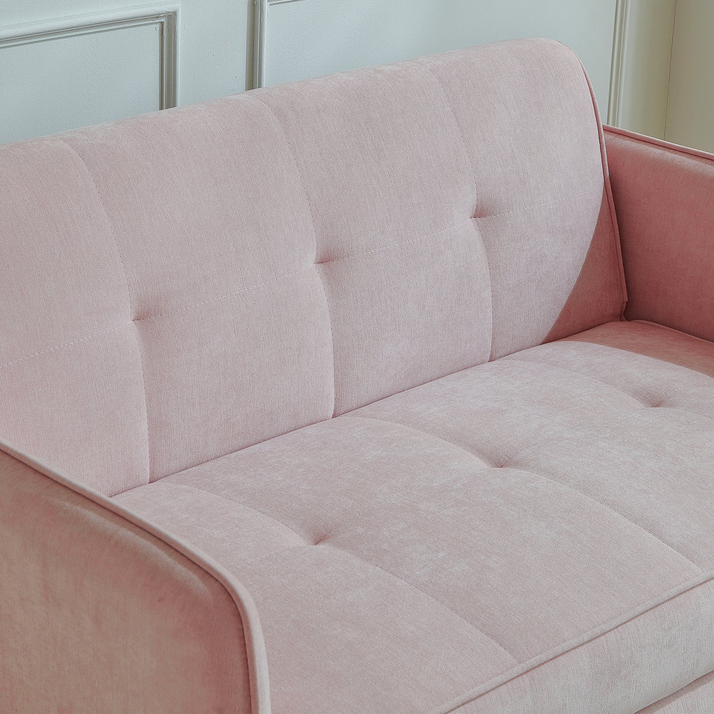 （缺货）[VIDEO provided]Chenille fabric pull-out sofa bed,sleeper loveseat couch with adjustable armrests-Pink