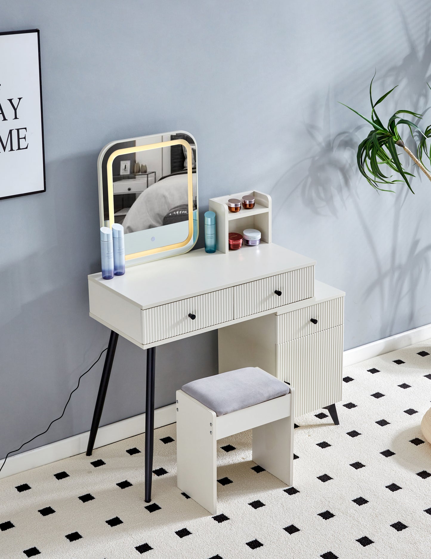 Fluted Makeup Vanity Desk with SQUARE LED Mirror and Lights, Modern Glass Top Big Vanity Table with 4 Drawers & Adjustable Shelves, Dressing Table Set with stools table with movable side table