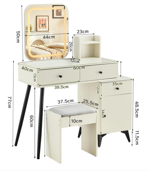 Fluted Makeup Vanity Desk with SQUARE LED Mirror and Lights, Modern Glass Top Big Vanity Table with 4 Drawers & Adjustable Shelves, Dressing Table Set with stools table with movable side table