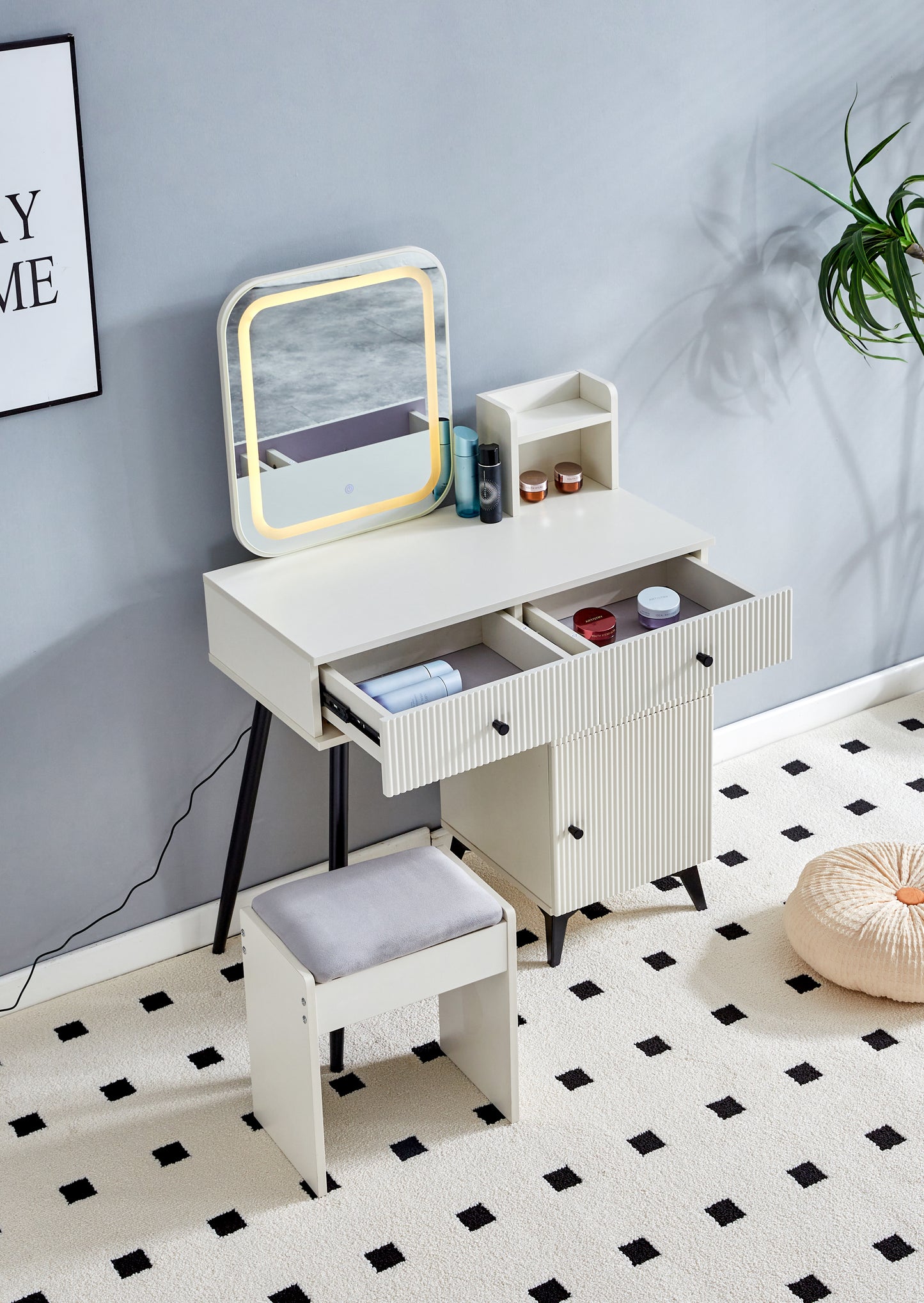 Fluted Makeup Vanity Desk with SQUARE LED Mirror and Lights, Modern Glass Top Big Vanity Table with 4 Drawers & Adjustable Shelves, Dressing Table Set with stools table with movable side table