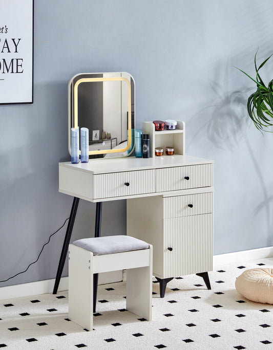 Fluted Makeup Vanity Desk with SQUARE LED Mirror and Lights, Modern Glass Top Big Vanity Table with 4 Drawers & Adjustable Shelves, Dressing Table Set with stools table with movable side table